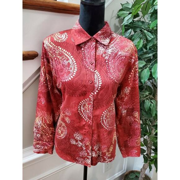 Westbound Women's Red Floral Cotton Long Sleeve Collared Button Down Shirt PL - Picture 2 of 10